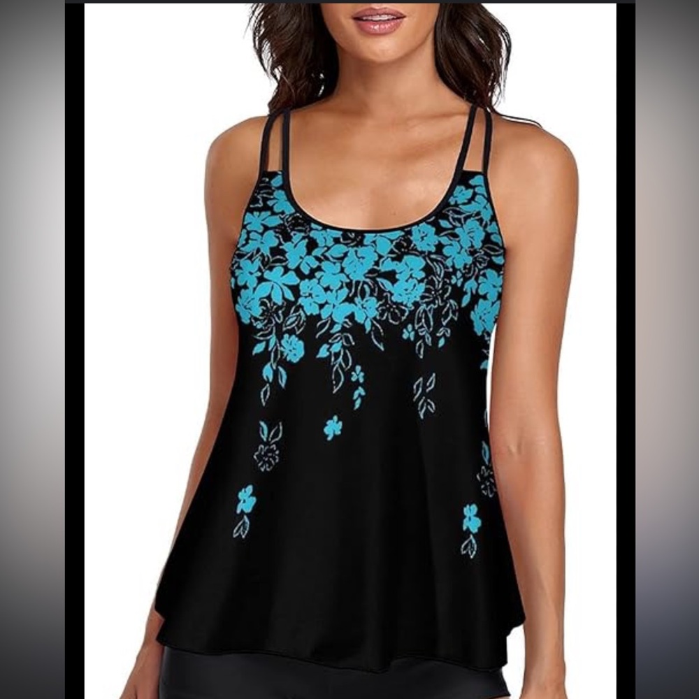 NWOT Floral Black and Blue Women's Tankini Bikini Top